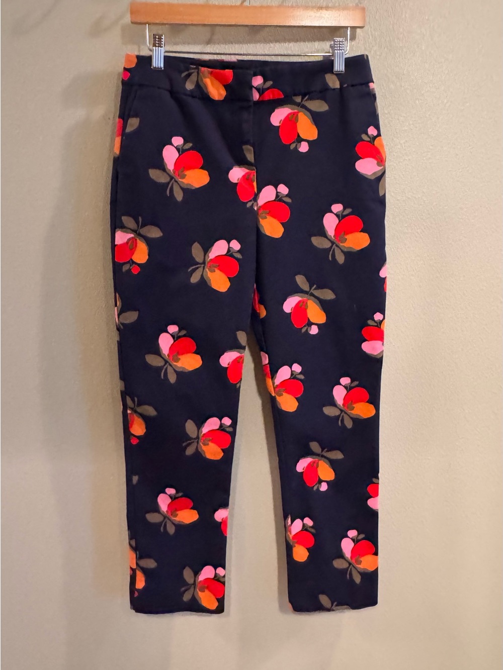 Boden Richmond Navy Floral Stretch Trousers with Pink, Red & Orange Blooms